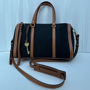 Fossils, Purse, Brown Leather, Black Canvas